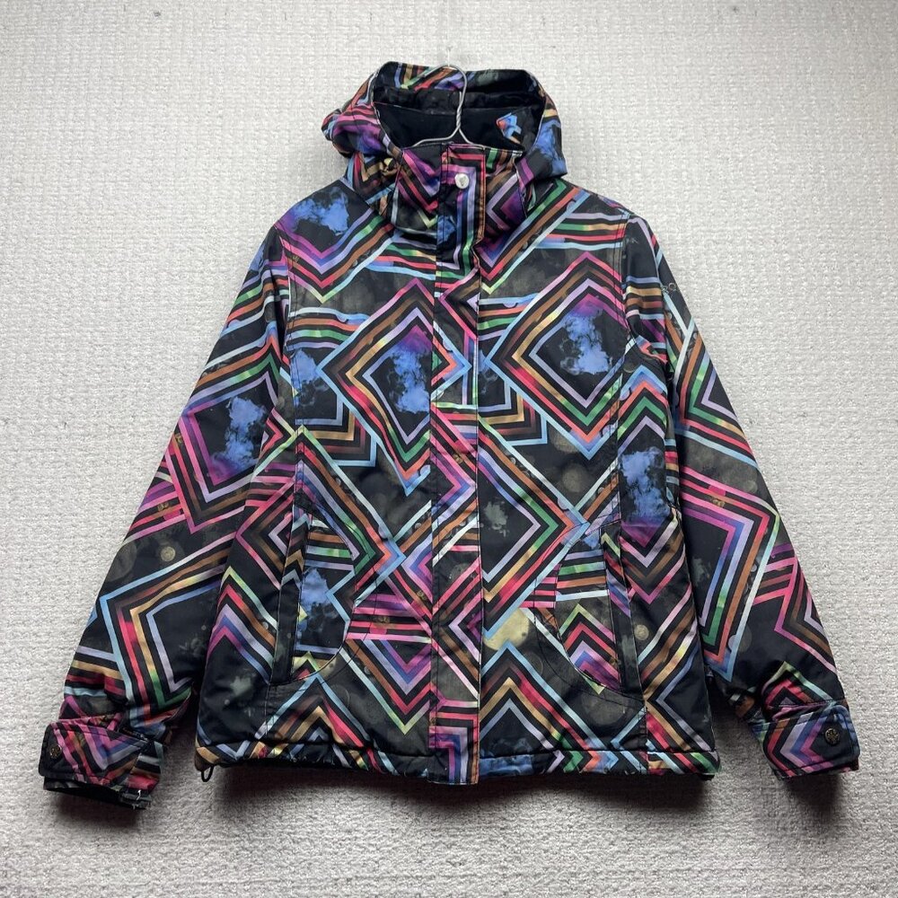 Y2K Roxy Snowboard 5K Silver Jacket Womens M Smoke Neon Party Trippy Color AOP